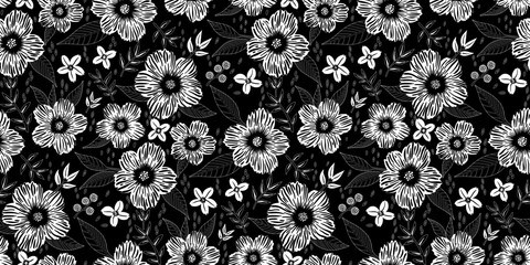 Black and white seamless floral pattern with hand-drawn flowers and leaves. Ideal for fabric prints, wallpapers, gift wrap, stationery, textile, and spring or summer-themed designs.