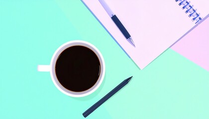 Flat lay of coffee, notebook, and pen