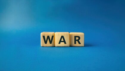 wooden scrabble tiles spelling war on a blue background with clean minimalist design, ideal for editorial use, media campaigns