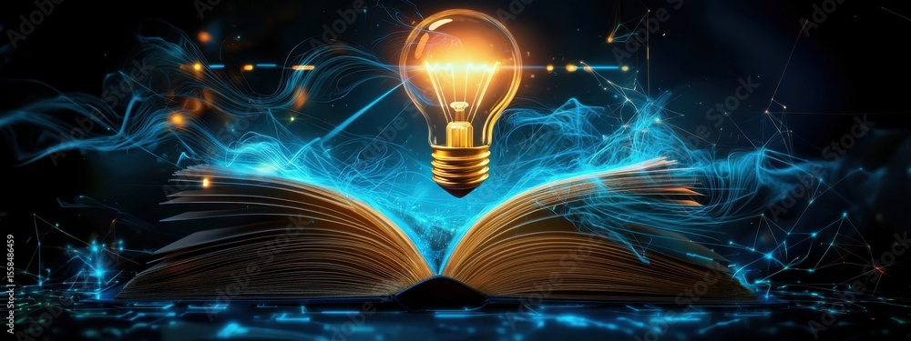 Poster a glowing lightbulb emerging from the pages of an open book symbolizing the power of knowledge creat