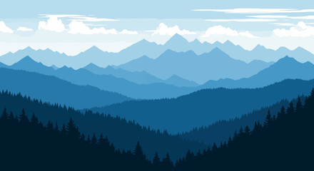 Serene Blue Mountain Range Landscape Panoramic View of Majestic Peaks and Forests