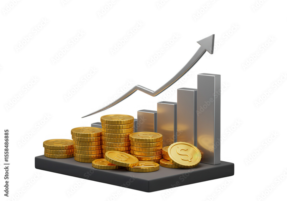 Poster stacks of golden coins with silver graph and arrow isolated on transparent background