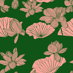 Lotus Vector flowers with leaves seamless pattern. Line arts design for packaging template, pattern design element, vintage background.