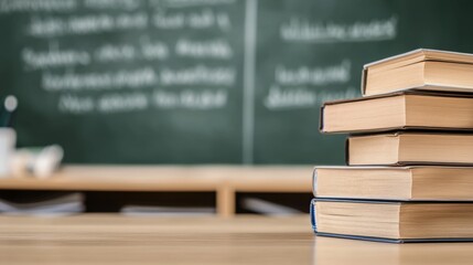 A classroom setting featuring a chalkboard and stacks of textbooks and literature on a wooden desk suggesting an academic environment focused on education and learning