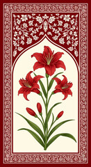 Elegant Red Lilies in Ornate Frame Botanical Illustration