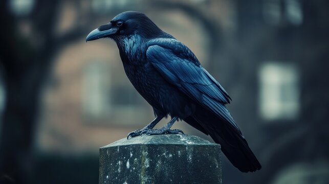 Dark crow perched on a weathered stone