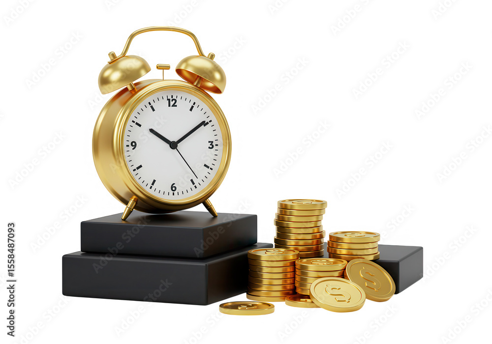 Poster golden alarm clock with stacks of coins isolated on transparent background