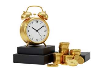 Golden alarm clock with stacks of coins isolated on transparent background