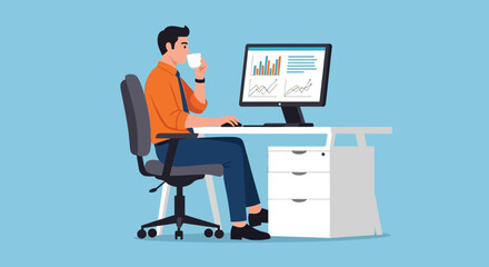 Businessman Analyzing Data Graphs on Computer, Drinking Coffee