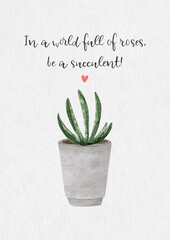 Handmade digital watercolor motivation greeting card with cute green plant in a grey pot and funny text, botanical illustration, friendship stationery, eco design,birthday