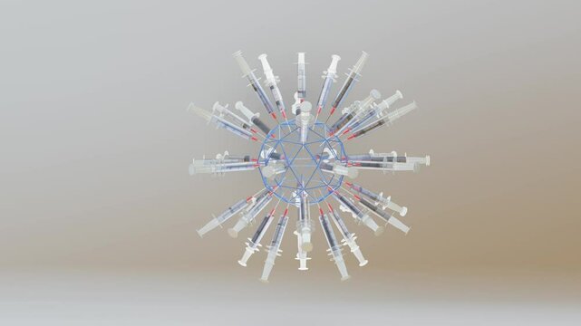 animated medical concept rotating sphere studded with disposable syringes on a light background. 3d render looped animation