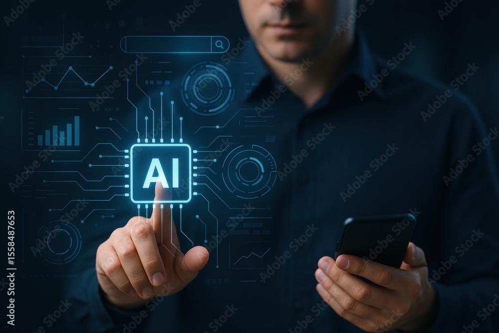 Poster future in focus: a skilled individual interacts with an illuminated ai interface, representing the c