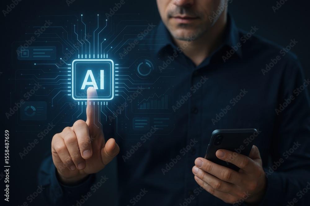 Aufkleber ai technology interface: a businessman interacts with a futuristic ai interface, touching a glowing 