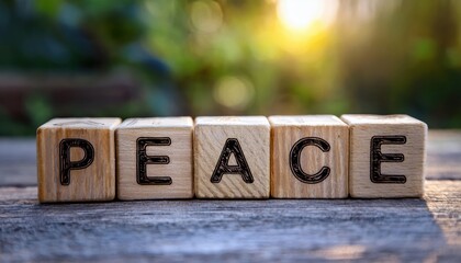 wooden blocks spelling peace on rustic table with blurred greenery background for wellness branding

