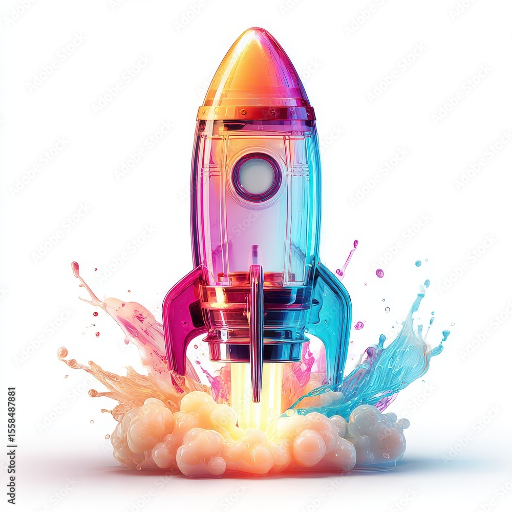 Aufkleber a vibrant visually striking digital rendering of a futuristic rocket taking off surrounded by a clou
