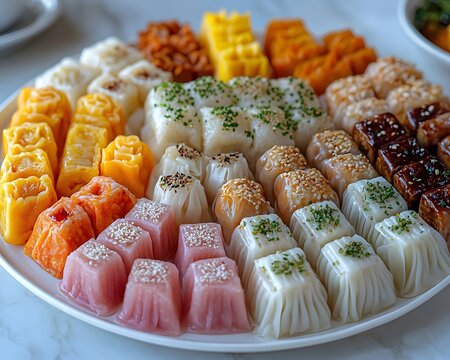 Colorful array of Thai steamed dumplings kanom jeeb on a plate