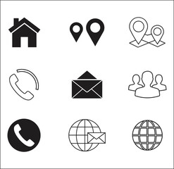 Collection of nine essential black and white icons representing contact and communication methods