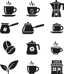 Collection of black and white coffee and tea related icons and symbols