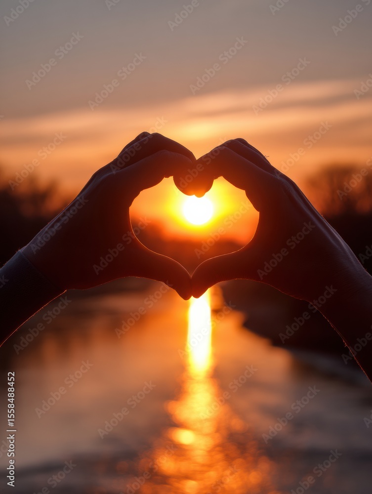 Poster Hands Create a Heart Shape Against a Vibrant Sunset Over a Calm Water Body During Twilight Hours