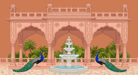 Majestic Peacocks and Ornate Fountain in a Traditional Indian Architectural Setting
