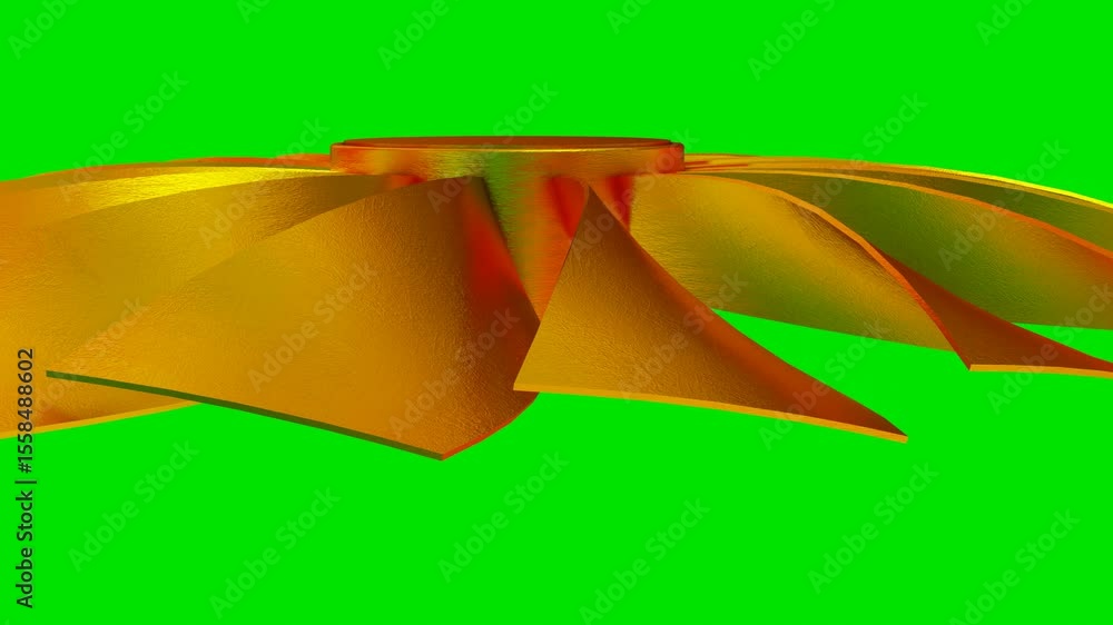 Poster rotating blades of a golden 3d turbine model on a green background. 3d render looped animation