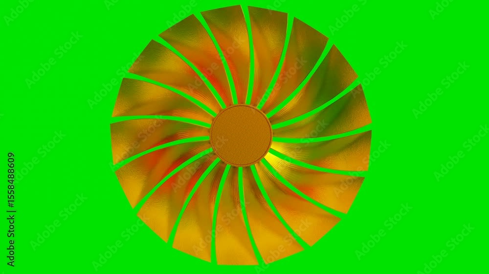 Poster rotating blades of a golden 3d turbine model on a green background. 3d render looped animation
