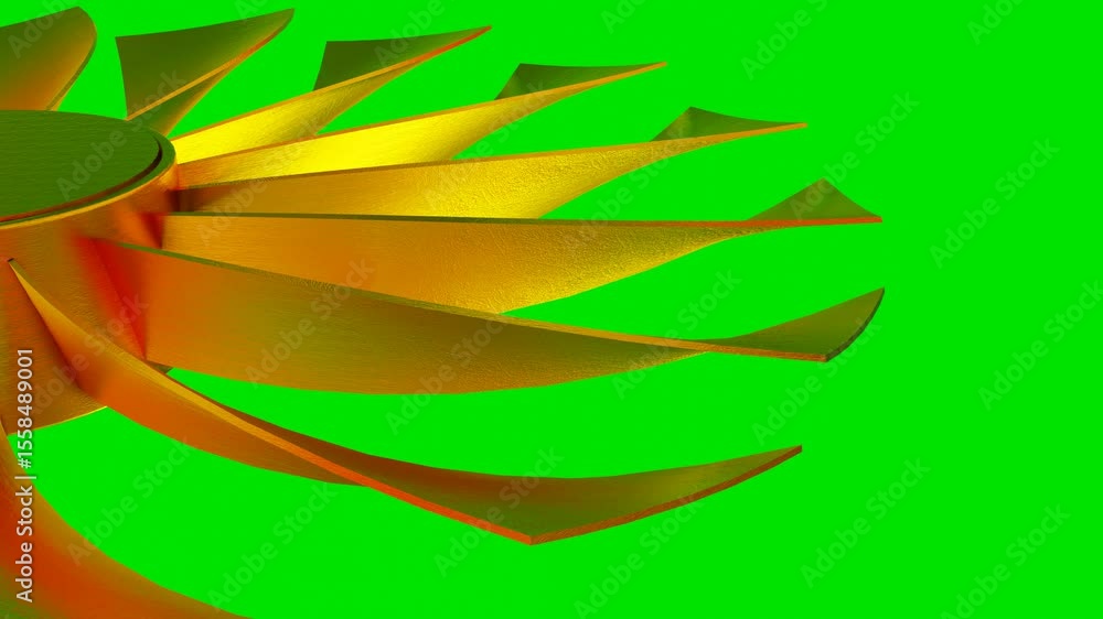 Poster rotating blades of a golden 3d turbine model on a green background. 3d render looped animation