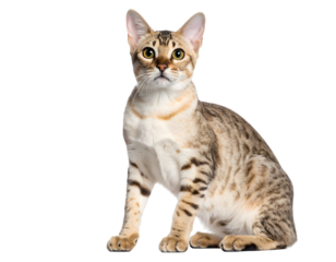 This magnificent domestic cat with captivating golden eyes attentively poses, highlighting its beautiful tabby markings.
