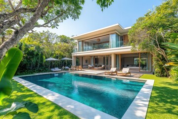 A modern villa with a pool surrounded by lush greenery under a clear blue sky on a sunny day
