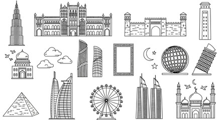 Fototapeta premium Iconic Landmarks Line Art Illustrations of Famous Global Structures