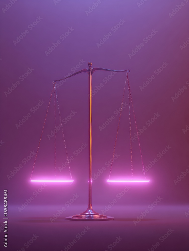 Poster Glowing Minimal Justice Scale on Soft Purple Background Illustrating the Balance of Fairness in a Modern Context