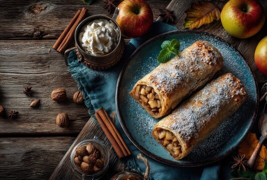 Delicious freshly baked apple strudel served with whipped cream and surrounded by fresh apples, nuts, and spices on rustic wooden table