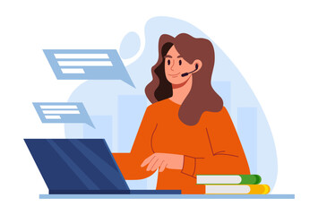 Customer Service. Woman with Microphone Working on Laptop. Concept for Call Center, Support, Assistance. Flat Vector Illustration. 