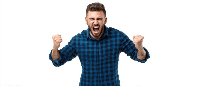 The man expressing intense emotion and energy in a confident gesture.