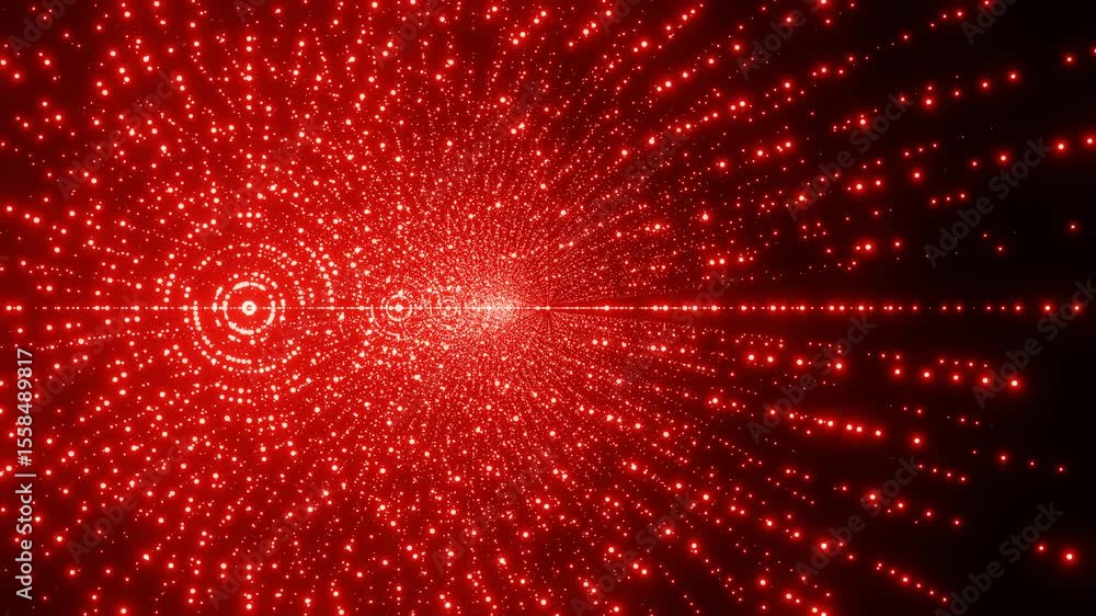 Poster endless forward movement through rotating red particles on black background. 3d render looped animat