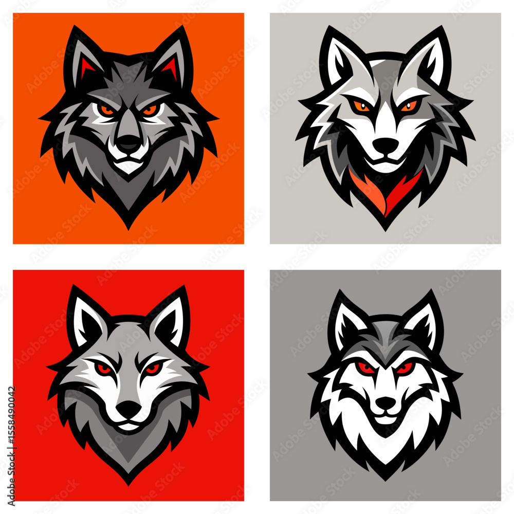 Poster four square images showcasing stylized wolf heads with different color schemes and background tones