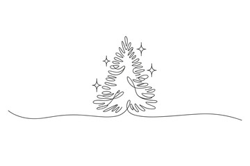 Minimalist christmas tree with sparkles single line art vector illustration