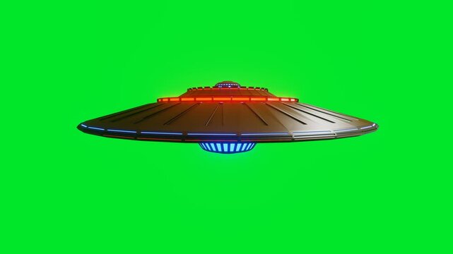 3D animated model of a rotating UFO on a green background. 3D render looped animation