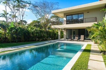 Modern house with a pool surrounded by tropical plants and trees under a clear blue sky on a sunny day