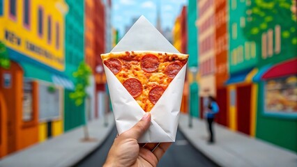 fast food on the go concept A hand holds a slice of pepperoni pizza against a vibrant urban backdrop.