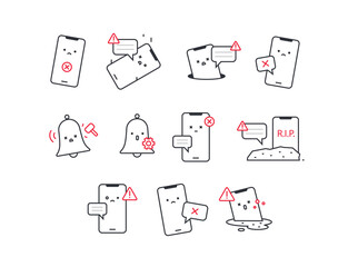 Icons for phones, bells, and notifications. Vector. Linear style. A set of icons for design projects. Lively and cute characters with human faces.