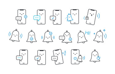 Icons for phones, bells, and notifications. Vector. Linear style. A set of icons for design projects. Lively and cute characters with human faces.