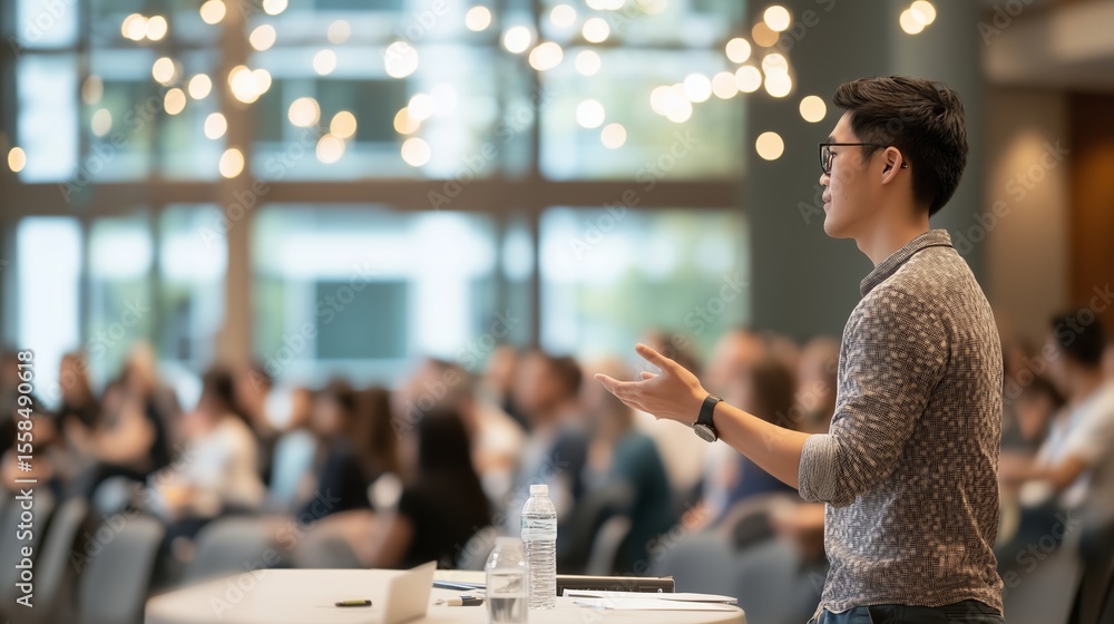 Poster engaging speaker presenting ideas to an attentive audience in a well-lit conference hall during a ne