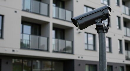 都会の静寂見守る監視カメラ 灰色建物背景