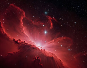 Fototapeta premium Mesmerizing red nebula with twinkling stars in deep space, abstract background with space,background with red smoky clouds, banner for horror movie with copy space, dramatic sky with lightning