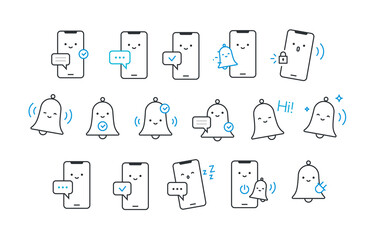 Icons for phones, bells, and notifications. Vector. Linear style. A set of icons for design projects. Lively and cute characters with human faces.