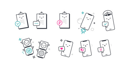 Icons for phones, traffic lights, and sheets of paper. Vector. Linear style. A set of icons for design projects. Lively and cute characters with human faces.