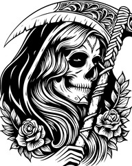 SVG of a female grim reaper with a haunting skull design. Vintage Skeleton Illustration with Scythe and Roses for Design Use