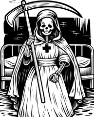 SVG of a female grim reaper with a haunting skull design. Vintage Grim Reaper Illustration with Scythe and Bodily Form