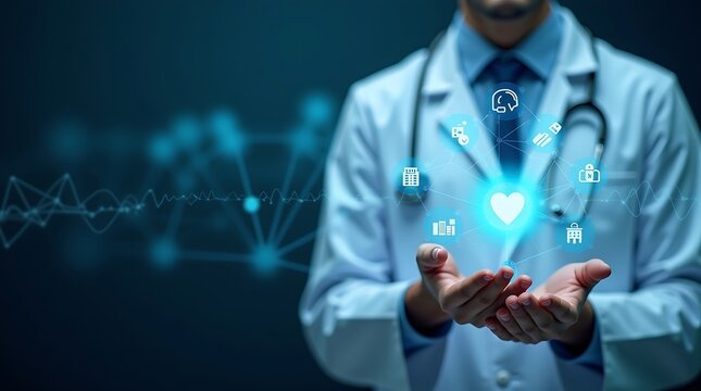 Male medicine doctor hold healthcare medical icons for the Health insurance concept in hospital background, Doctor Holding Digital Medical Icons – Healthcare Technology and Innovation Concept.
